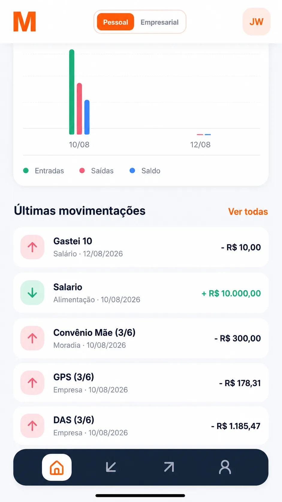 Visão de movimentações financeiras do Mordomize