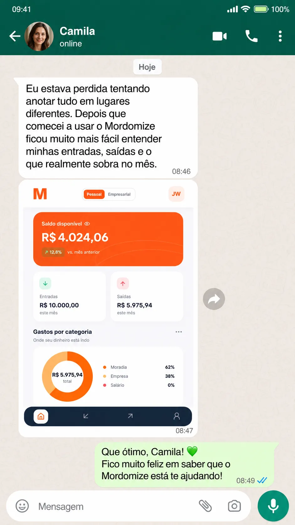 Modelo ilustrativo de depoimento sobre controle financeiro