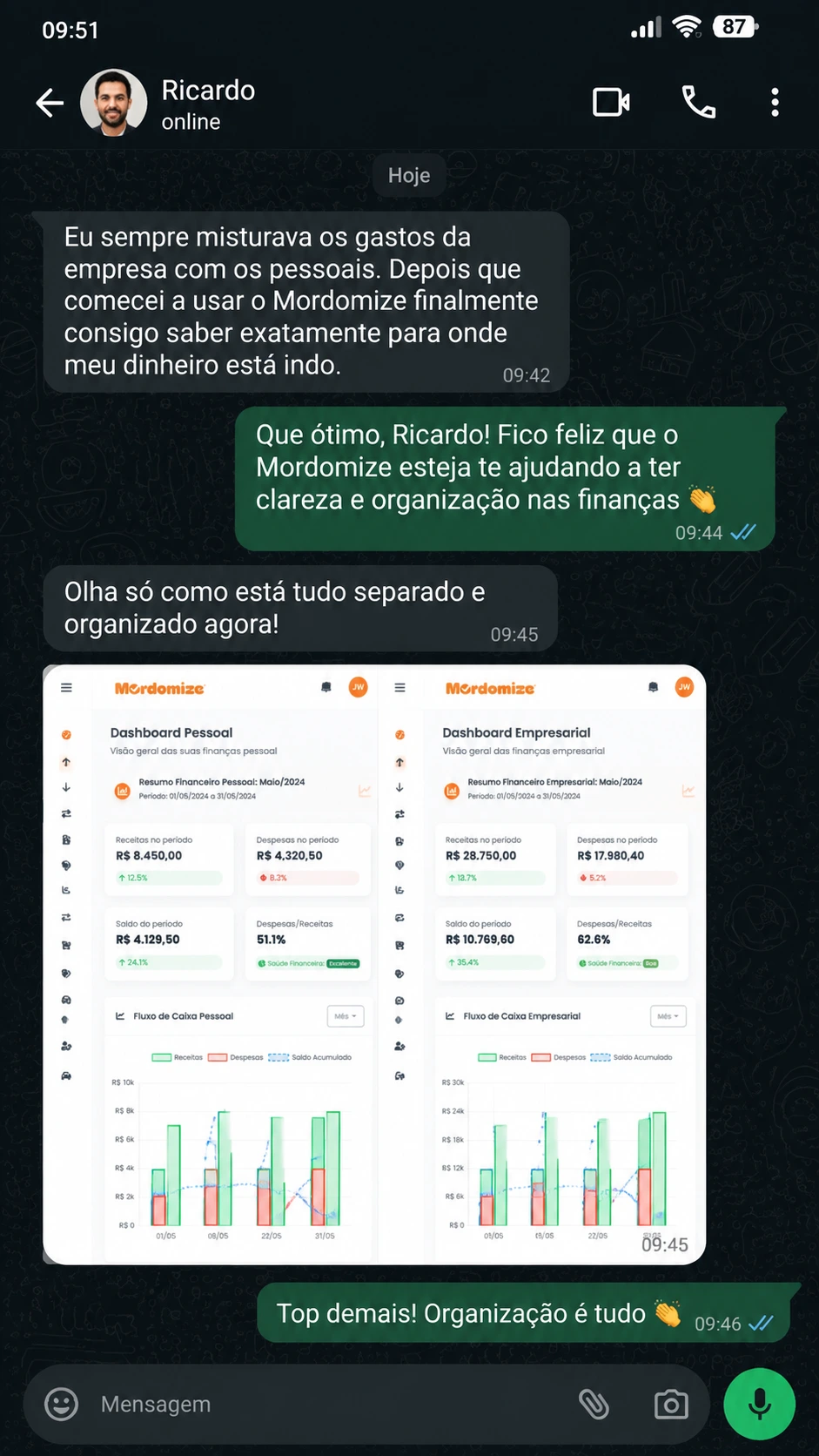 Modelo ilustrativo de depoimento sobre lançamento pelo WhatsApp